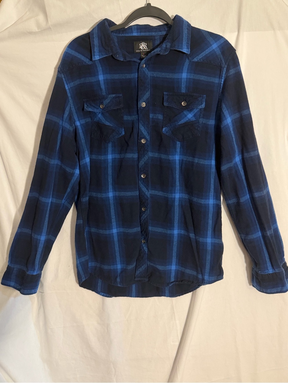 #500 Rock & Republic Navy and Bright Blue Plaid Button-Down Shirt